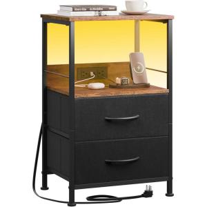 imageWLIVE Nightstand with Charging Station LED Night Stand with 2 Fabric Drawers and Open Shelf Small Dresser for Small Spaces Side End Tables for Bedroom Rustic Brown and BlackBlack and Rustic Brown