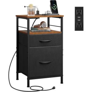 imageWLIVE Nightstand with Charging Station Side Table with 2 Fabric Drawers End Tables for Bedroom Small Dresser USB Ports and Outlets Charcoal BlackBlack and Rustic Brown