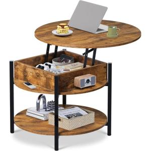 imageWLIVE Round Lift Top Coffee Table with Storage Shelf and Hidden Compartment Farmhouse Small Coffee Table with 2 Tier for Living Room and Home Office Rustic BrownRustic Brown