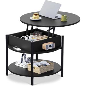 imageWLIVE Round Lift Top Coffee Table with Storage Shelf and Hidden Compartment Farmhouse Small Coffee Table with 2 Tier for Living Room and Home Office Rustic BrownBlack