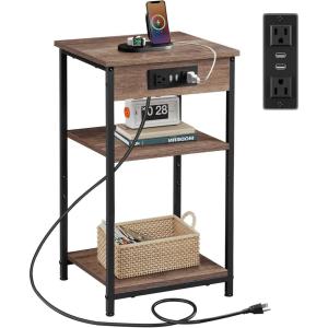 imageWLIVE Side Table with Charging Station and USB Ports Small End Tables for Small Spaces 3Tier Nightstand with Adjustable Shelf Bedside Tables Living Room Bedroom GreigeBrown