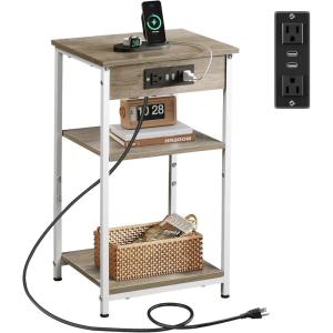 imageWLIVE Side Table with Charging Station and USB Ports Small End Tables for Small Spaces 3Tier Nightstand with Adjustable Shelf Bedside Tables Living Room Bedroom GreigeGreige