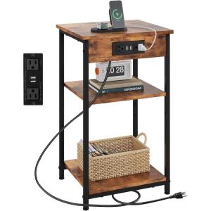 imageWLIVE Side Table with Charging Station and USB Ports Small End Tables for Small Spaces 3Tier Nightstand with Adjustable Shelf Bedside Tables Living Room Bedroom GreigeRustic Brown