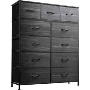 imageWLIVE Storage Organizer Unit with 11 Fabric Bins Storage Drawers Organizer with Steel Frame Tall Storage Tower Organizaton for Living Room Hallway Office Light GreyCharcoal Black Wood Grain Print