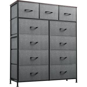 imageWLIVE Storage Organizer Unit with 11 Fabric Bins Storage Drawers Organizer with Steel Frame Tall Storage Tower Organizaton for Living Room Hallway Office Rustic BrownAdark Grey