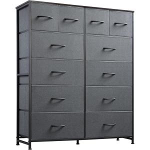 imageWLIVE Storage Organizer Unit with 12 Fabric Bins Storage Drawers Organizer with Steel Frame Tall Storage Tower Organizaton for Living Room Hallway Office Charcoal Black Wood Grain PrintDark Grey