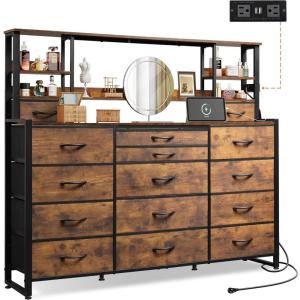 imageWLIVE Storage Organizer Unit with 15 Fabric Drawer ampamp 5 Open Shelves Tall Black Storage Drawers Organizer with Charging Station Storage Tower Organizaton for Living Room Hallway OfficeRustic Brown Wood Grain Print