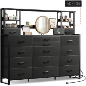 imageWLIVE Storage Organizer Unit with 15 Fabric Drawer ampamp 5 Open Shelves Tall Black Storage Drawers Organizer with Charging Station Storage Tower Organizaton for Living Room Hallway OfficeBlack