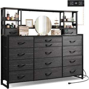imageWLIVE Storage Organizer Unit with 15 Fabric Drawer ampamp 5 Open Shelves Tall Black Storage Drawers Organizer with Charging Station Storage Tower Organizaton for Living Room Hallway OfficeCharcoal Black Wood Grain Print