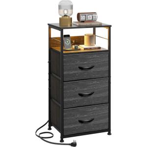 imageWLIVE White Night Stand with Charging Station LED Nightstand with 3 Fabric Drawers Tall Bedside Table with 3 USB Ports and 2 Outlets Dresser for Small Space 3193quot H Side Table for BedroomCharcoal Black Wood Grain Print