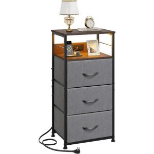imageWLIVE White Night Stand with Charging Station LED Nightstand with 3 Fabric Drawers Tall Bedside Table with 3 USB Ports and 2 Outlets Dresser for Small Space 3193quot H Side Table for BedroomDark Grey