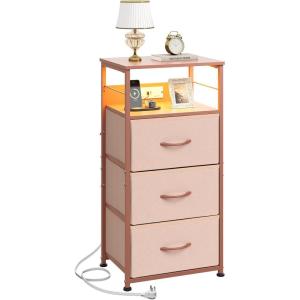 imageWLIVE White Night Stand with Charging Station LED Nightstand with 3 Fabric Drawers Tall Bedside Table with 3 USB Ports and 2 Outlets Dresser for Small Space 3193quot H Side Table for BedroomPink