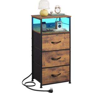 imageWLIVE White Night Stand with Charging Station LED Nightstand with 3 Fabric Drawers Tall Bedside Table with 3 USB Ports and 2 Outlets Dresser for Small Space 3193quot H Side Table for BedroomRustic Brown Wood Grain Print