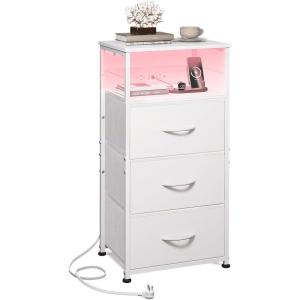imageWLIVE White Night Stand with Charging Station LED Nightstand with 3 Fabric Drawers Tall Bedside Table with 3 USB Ports and 2 Outlets Dresser for Small Space 3193quot H Side Table for BedroomWhite
