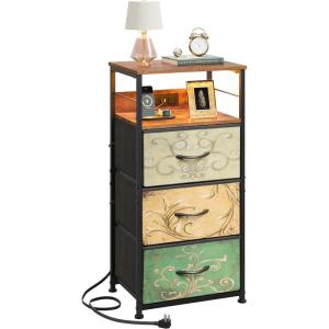 imageWLIVE White Night Stand with Charging Station LED Nightstand with 3 Fabric Drawers Tall Bedside Table with 3 USB Ports and 2 Outlets Dresser for Small Space 3193quot H Side Table for BedroomFloral Painted