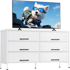 imageWLIVE White TV Stand for 60 65 70 inch TV Large Entertainment Center with 6 Fabric Drawer TV Media Console Table with Wood Top Adjustable Feet for Living Room Hallway