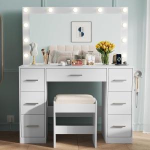 imageWLIVE White Vanity Desk with Large Mirror and Lights Makeup Table w7 Drawers ampamp Power Outlets Modern Vanity Table Set with Chair Dressing Table for Bedroom Dressing Room GirlModern