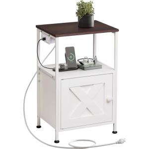 imageWLIWLIVE End Table with Charging Station Bed Side Table with Open Shelf and Cabinet Farmhouse Night Stand End Tables Living Room Bedroom Small Spaces White and GreigeEspresso