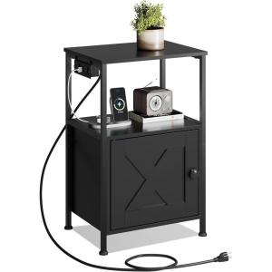 imageWLIWLIVE End Table with Charging Station Bed Side Table with Open Shelf and Cabinet Farmhouse Night Stand End Tables Living Room Bedroom Small Spaces White and GreigeBlack