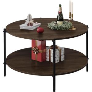 imageWLIVE Round Coffee Table for Living Room 326quot Small Coffee Table with Open Storage Shelf 2Tier Industrial Circle Wood Center Table for Bedroom Home Office Charcoal BlackBrown Walnut