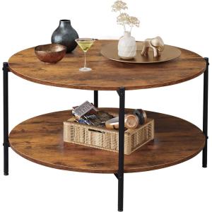 imageWLIVE Round Coffee Table for Living Room 326quot Small Coffee Table with Open Storage Shelf 2Tier Industrial Circle Wood Center Table for Bedroom Home Office Charcoal BlackRustic Brown