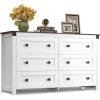 imageWLIVE Farmhouse 6 Drawer Dresser for Bedroom 5307 Wide Wood Dresser Storage Organizer with Double Rustic Handle TV Stand for 60 inch TV Chest of Drawers for Living Room Hallway BrownWhite