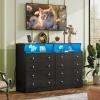 imageWLIVE LED Dresser for Bedroom Tall Wood Dresser with 4 Drawers and Open Shelf Chest of Drawers with Charging Station and LED Lights for Living Room Hallway Closet Rustic BrownBlack