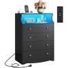 imageWLIVE LED Dresser for Bedroom Tall Wood Dresser with 4 Drawers and Open Shelf Chest of Drawers with Charging Station and LED Lights for Living Room Hallway Closet Rustic BrownBlack