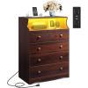 imageWLIVE LED Dresser for Bedroom Tall Wood Dresser with 4 Drawers and Open Shelf Chest of Drawers with Charging Station and LED Lights for Living Room Hallway Closet Rustic BrownBrown