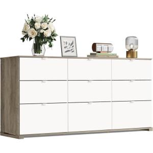 imageWLIVE LED Dresser for Bedroom Tall Wood Dresser with 4 Drawers and Open Shelf Chest of Drawers with Charging Station and LED Lights for Living Room Hallway Closet Rustic BrownGrey Oak