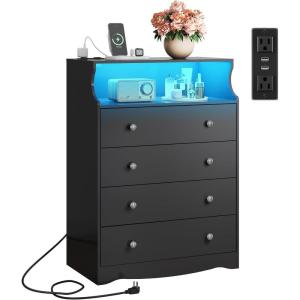 imageWLIVE LED Dresser for Bedroom Tall Wood Dresser with 4 Drawers and Open Shelf Chest of Drawers with Charging Station and LED Lights for Living Room Hallway Closet Rustic BrownBlack