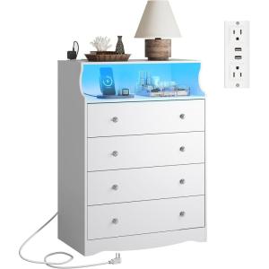 imageWLIVE LED Dresser for Bedroom Tall Wood Dresser with 4 Drawers and Open Shelf Chest of Drawers with Charging Station and LED Lights for Living Room Hallway Closet Rustic BrownWhite