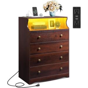 imageWLIVE LED Dresser for Bedroom Tall Wood Dresser with 4 Drawers and Open Shelf Chest of Drawers with Charging Station and LED Lights for Living Room Hallway Closet Rustic BrownBrown