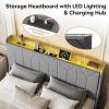 imageWLIVE Queen Size Upholstered Bed Frame with 2 Drawers Linen Tufted Storage Headboard with Charging Ports and LED Light Sturdy Metal ampamp Wooden Slats Support No Box Spring Needed BeigeGrey