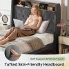 imageWLIVE Queen Size Upholstered Bed Frame with Storage Headboard Velvet Square Tufted Platform Bed with Charging Station Sturdy Metal ampamp Wooden Slats Support No Box Spring Needed BlackGrey