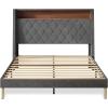 imageWLIVE Queen Size Upholstered Bed Frame with Storage Headboard Velvet Square Tufted Platform Bed with Charging Station Sturdy Metal ampamp Wooden Slats Support No Box Spring Needed BlackGrey