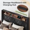 imageWLIVE Queen Size Upholstered Bed Frame with Storage Headboard Velvet Square Tufted Platform Bed with Charging Station Sturdy Metal ampamp Wooden Slats Support No Box Spring Needed BlackBlack