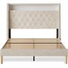 imageWLIVE Queen Size Upholstered Bed Frame with Storage Headboard Velvet Square Tufted Platform Bed with Charging Station Sturdy Metal ampamp Wooden Slats Support No Box Spring Needed BlackBeige