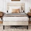 imageWLIVE Queen Size Upholstered Bed Frame Velvet Square Tufted Headboard Sturdy Metal ampamp Wooden Slats Support No Box Spring Needed Light GreyBeige