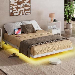 imageWLIVE Floating Queen Bed Frame LED Bed Frame with Charging Station Metal Platform Beds Queen Size with Heavy Duty Steel Slats No Box Spring Needed Easy Assembly No Noise BlackWhite