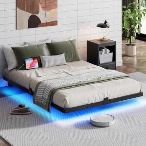 imageWLIVE Floating Queen Bed Frame LED Bed Frame with Charging Station Metal Platform Beds Queen Size with Heavy Duty Steel Slats No Box Spring Needed Easy Assembly No Noise BlackBlack