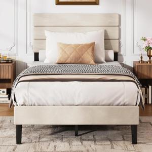 imageWLIVE Queen Size Upholstered Bed Frame Velvet Square Tufted Headboard Sturdy Metal ampamp Wooden Slats Support No Box Spring Needed Light GreyBeige
