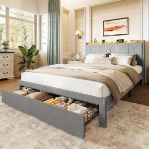 imageWLIVE Queen Size Upholstered Bed Frame with 2 Drawers Linen Tufted Storage Headboard with Charging Ports and LED Light Sturdy Metal ampamp Wooden Slats Support No Box Spring Needed BeigeGrey