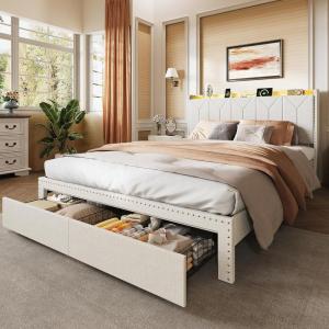 imageWLIVE Queen Size Upholstered Bed Frame with 2 Drawers Linen Tufted Storage Headboard with Charging Ports and LED Light Sturdy Metal ampamp Wooden Slats Support No Box Spring Needed BeigeBeige