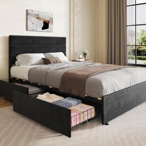 imageWLIVE Queen Size Upholstered Bed Frame with 4 Drawers and Velvet Square Tufted Headboard Sturdy Metal ampamp Wooden Slats Support No Box Spring Needed Easy Assembly Light GreyBlack