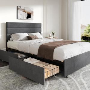 imageWLIVE Queen Size Upholstered Bed Frame with 4 Drawers and Velvet Square Tufted Headboard Sturdy Metal ampamp Wooden Slats Support No Box Spring Needed Easy Assembly Light GreyGrey