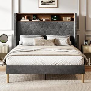 imageWLIVE Queen Size Upholstered Bed Frame with Storage Headboard Velvet Square Tufted Platform Bed with Charging Station Sturdy Metal ampamp Wooden Slats Support No Box Spring Needed BlackGrey