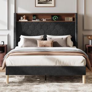 imageWLIVE Queen Size Upholstered Bed Frame with Storage Headboard Velvet Square Tufted Platform Bed with Charging Station Sturdy Metal ampamp Wooden Slats Support No Box Spring Needed BlackBlack