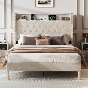 imageWLIVE Queen Size Upholstered Bed Frame with Storage Headboard Velvet Square Tufted Platform Bed with Charging Station Sturdy Metal ampamp Wooden Slats Support No Box Spring Needed BlackBeige