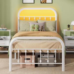 imageWLIVE Twin Bed Frame Twin Size Bed Frames with LED Lights and Charging Station Metal Bed Frame with Headboard No Box Spring RequiredEasy AssemblyWhiteWhite